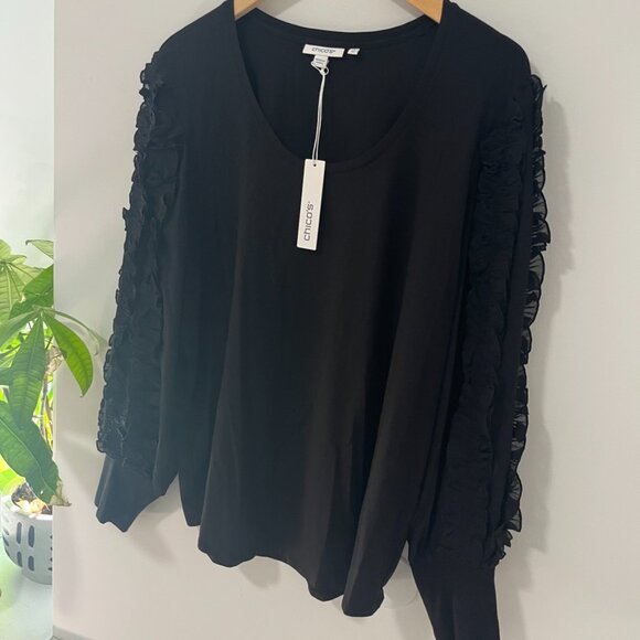 NEW Chico's Black Chiffon Ruffle Long Sleeve Top Size 3 - Picture 2 of 7